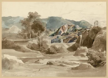 Paysage italien avec ruisseau, arbres et une maison au bord du chemin, ainsi qu