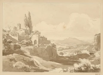 Paysage dans les monts Albains, avec une porte et une église sur la hauteur à gauche