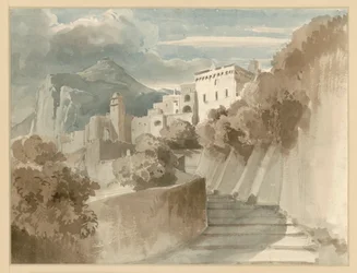 Motif de Subiaco. Groupe de maisons et escaliers, une montagne à l