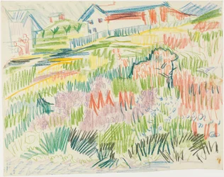 Prairie fleurie avec maisons