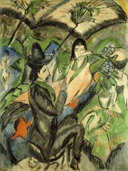 Couple sous des parasols japonais