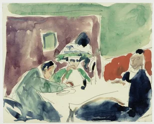 Dame (Dodo ?) et deux hommes à une table au café