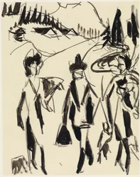 Trois promeneurs dans un paysage montagneux