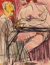 Nu féminin et homme assis à une table