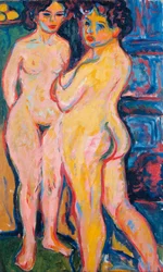 Femmes nues debout près du poêle