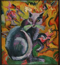 Chat gris sur un coussin (peinture sur toile)