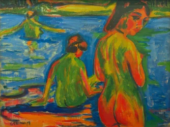 Jeunes filles se baignant dans le lac