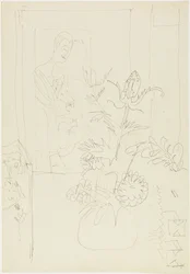 Intérieur avec vase de fleurs, femme et chat