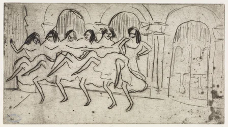 Lotte allongée sur des coussins/Six danseuses devant un décor d