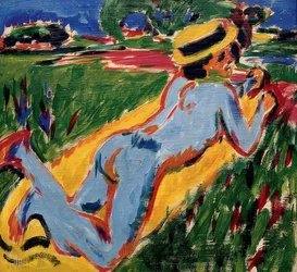Nu bleu couché avec chapeau de paille