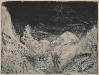 Paysage montagnard avec de petits faucheurs