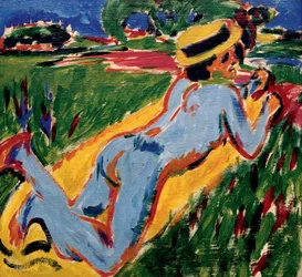 Nu bleu couché au chapeau de paille