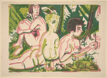 Nackte Frauen mit einem Kind im Wald