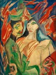 Soldat et fille entre des rideaux colorés