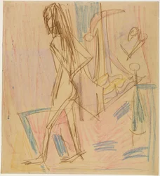 Nu féminin debout sur un tapis
