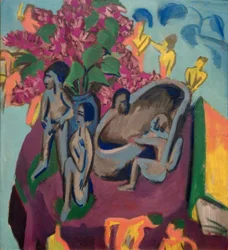 Nature morte avec sculptures et fleurs