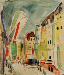 Scène de rue avec drapeaux