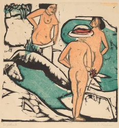 Femmes se baignant entre des pierres blanches