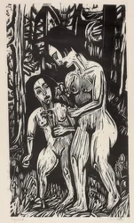 Deux filles nues avec des fleurs dans la forêt