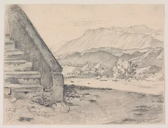 Prospect avec un escalier à gauche et à droite vue sur un paysage montagneux