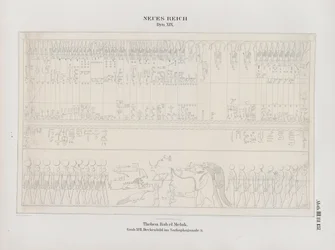 Dessin de la peinture du plafond dans la salle du sarcophage, 19ème dynastie, Thèbes, Biban-el-Muluk, Nouvel Empire, illustration de "Monuments de l