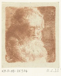 Vieil homme avec barbe regardant vers le bas : trois quarts, vers la droite
