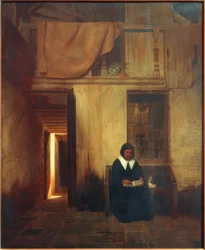 Intérieur avec femme lisant et chat