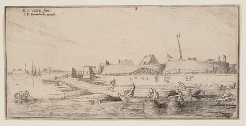 Pêcheurs en barque devant une ville fortifiée, extrait de Paysages