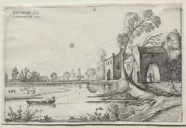 Paysage avec une rivière et une maison de garde