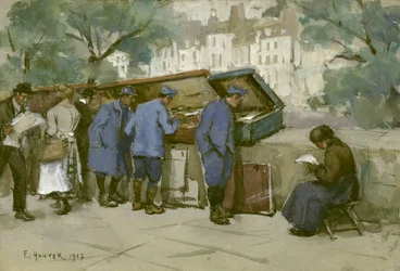 Soldats français et bouquinistes le long de la Seine, 1917