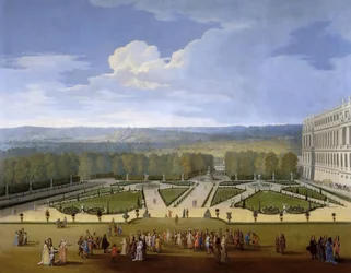 Louis XIV et sa cour en promenade dans les jardins de Versailles