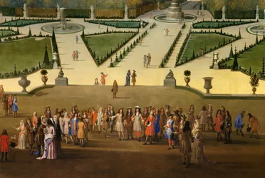 Promenade de Louis XIV (1638-1715) en vue du parterre nord dans les jardins de Versailles (détail)