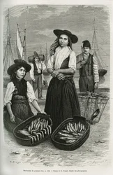 Marchandes de poisson, vêtues du costume traditionnel féminin : jupe courte et corsage plissé à boutons d