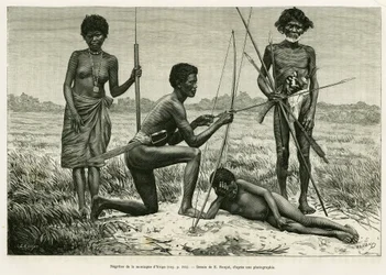 Négritos de la montagne Yriga. Gravure par E.Ronjat pour illustrer le récit Luçon et Palaouan, six ans aux Philippines, par Alfred Marche (1844-1898), dans le tour du monde 1886, dirigé par Edouard Charton (1807-1890), Hachette, Paris.