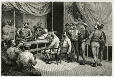 Réception des voyageurs au palais du sultan de Soulou (ou Sulu) (archipel des Philippines), Mohammed Yamalul Alam. Gravure par E.Ronjat, pour illustrer le récit « Voyage aux Philippines »