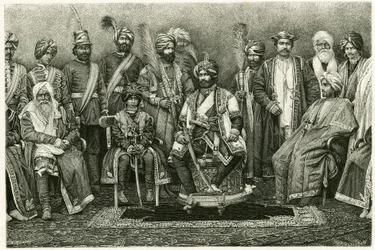 Le maharajah du Cachemire, Rambhir Sing et sa cour. Gravure par E. Ronjat, pour illustrer l