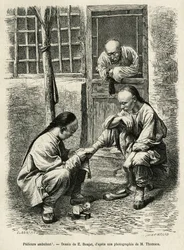 Le pédicure ambulant, une scène courante de la vie quotidienne dans les villes chinoises. Gravure pour illustrer le voyage à Pékin et en Chine du Nord, par T.Choutze, en 1873, publiée dans "Le tour du monde" 1876, éditée par Edouard Charton