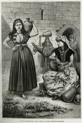 Femmes portant des cruches, près du puits de Hiram à Tyr. Gravure par E.Ronjat, pour illustrer l