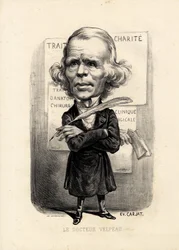 Feuille volante - Illustration par Étienne Carjat (1826-1906) : Médical, médecine, santé, Charité, Anatomie, Affiches - Chirurgien, Velpeau Alfred (1795-1867)