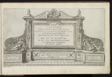 Page de titre avec un monument avec titre, flanqué par la Renommée et le Père Temps (I vestigi dell