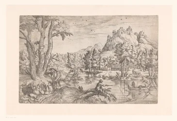 Paysage avec pêcheur et château au sommet d