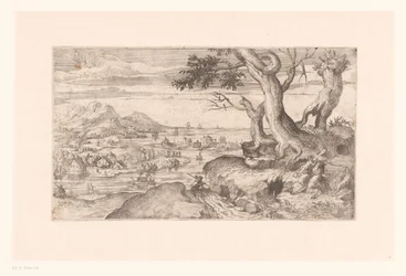 Paysage avec une satyre femelle nourrissant un enfant satyre