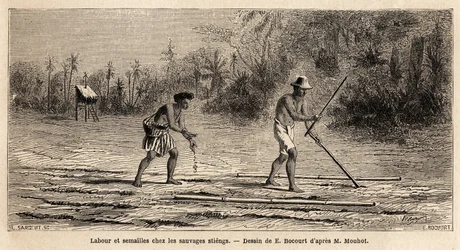Labour et semis chez les sauvages Stiengs, habitants des forêts du Cambodge, dessin pour illustrer le voyage de Henri Mouhot à travers les royaumes de Siam, Cambodge et Laos de 1858 à 1861. Gravure dans « Le tour du monde », édité par