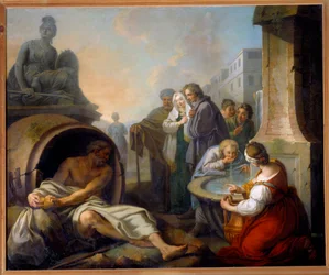 Diogène brisant son écuelle. Diogène de Sinope, dit le Cynique (413-327 av. J.-C.), philosophe grec, abandonne son écuelle après avoir vu un enfant boire de l