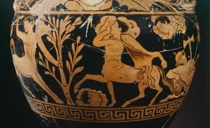 Amphore par le Peintre de la Centauromachie, détail montrant un centaure. Poterie à figures rouges de Porano (Ombrie). Civilisation étrusque, IVe siècle av. J.-C.
