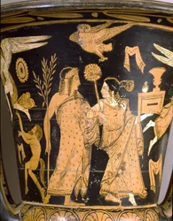 Antiquité étrusque : cratère en cloche représentant la destruction de Troie : détail représentant Dionysos et Ariane. Provenant de Falerii Veteres (Civita Castellana). 350-300 av. J.-C. Rome, Museo Nazionale di Villa Giulia