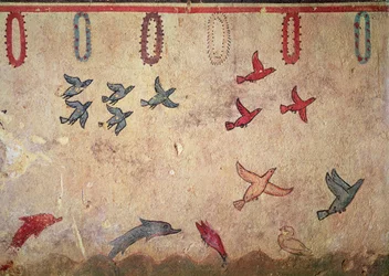 Oiseaux aquatiques et dauphins sautant, de la Tombe de la Chasse et de la Pêche, c.520-10 av. J.-C.