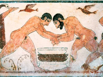 Art étrusque : Athlètes représentés dans la tombe des augures dans la nécropole de Monterozzi Tarquinia, près de Viterbe, Italie. Fresque du 6ème siècle av. J.-C.