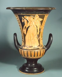 Calyx-cratère (grand vase) par le Peintre de Berkeley représentant un esprit ailé. Pottery à figures rouges. Civilisation étrusque, IVe siècle av. J.-C.