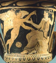 Calyx-cratère (grand vase) par le Peintre de Villia Giulia représentant Athéna et un esprit ailé. Pottery à figures rouges de Cerveteri (Lazio). Civilisation étrusque, IVe siècle av. J.-C.